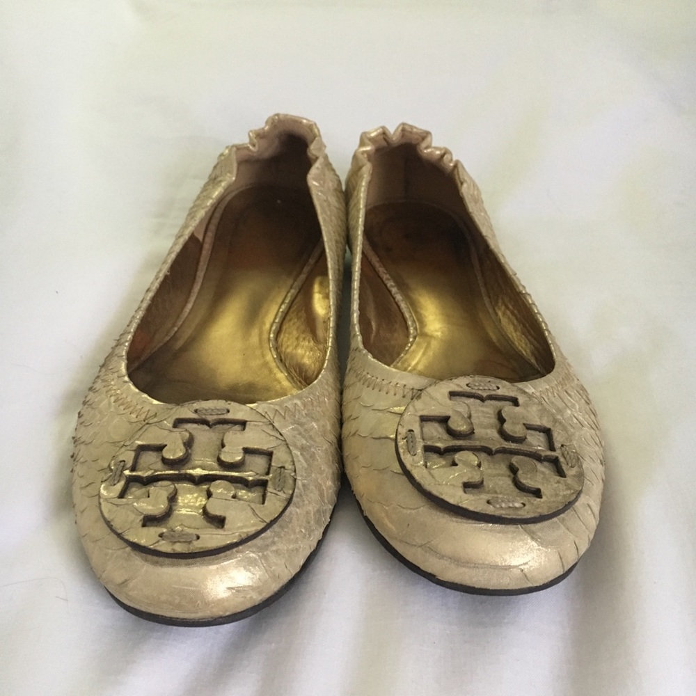 TORY BURCH, Gold python Reva ballet flats